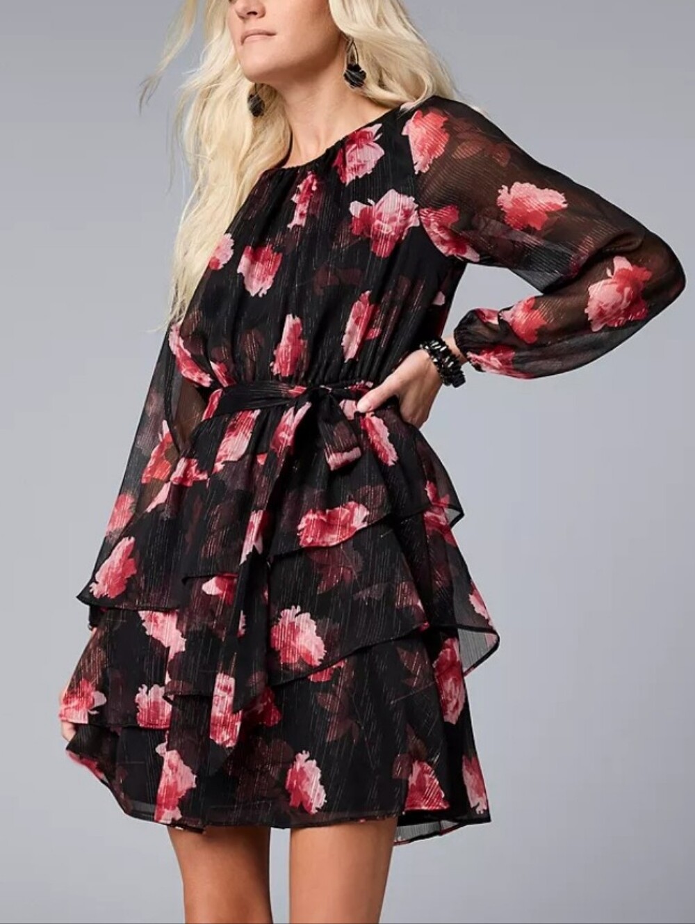 Simply Vera Vera Wang Black Long-Sleeve Tiered Dress Pink Floral Print Sz XXL